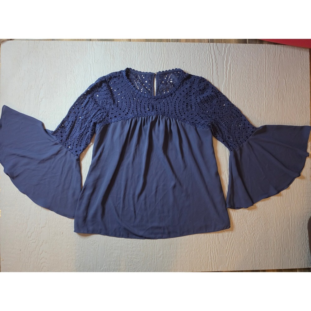 Lilly Pulitzer Navy Blue Crochet Lace Yoke Bell Sleeve Blouse Top Size 10